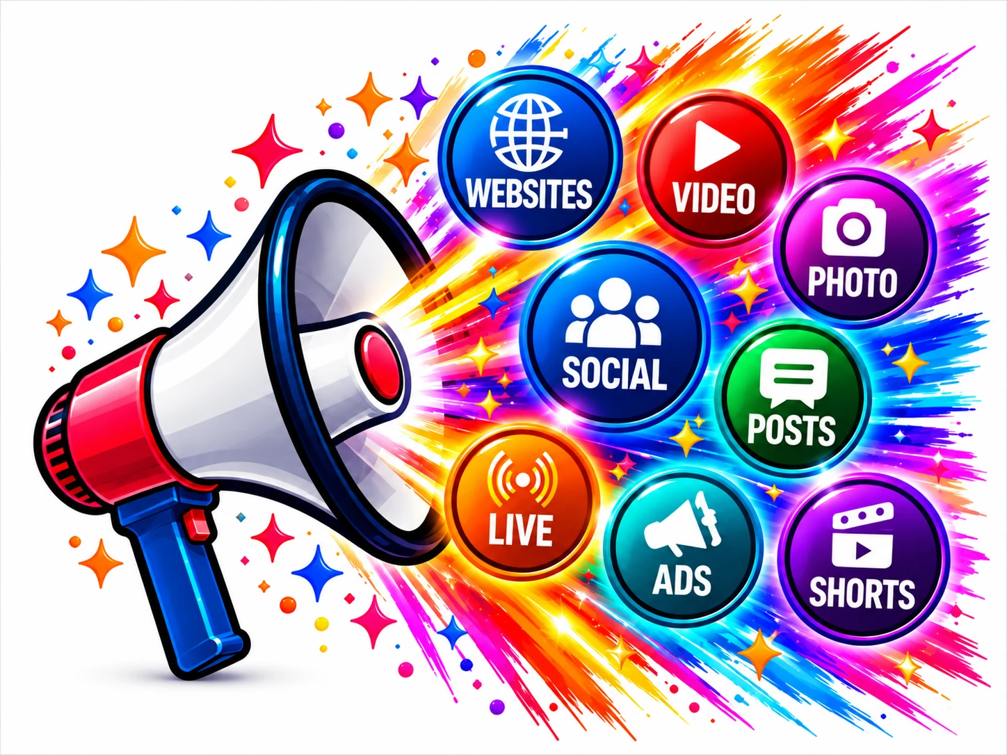 Colorful megaphone blasting icons for websites, video, photo, social posts, live content, ads and shorts
