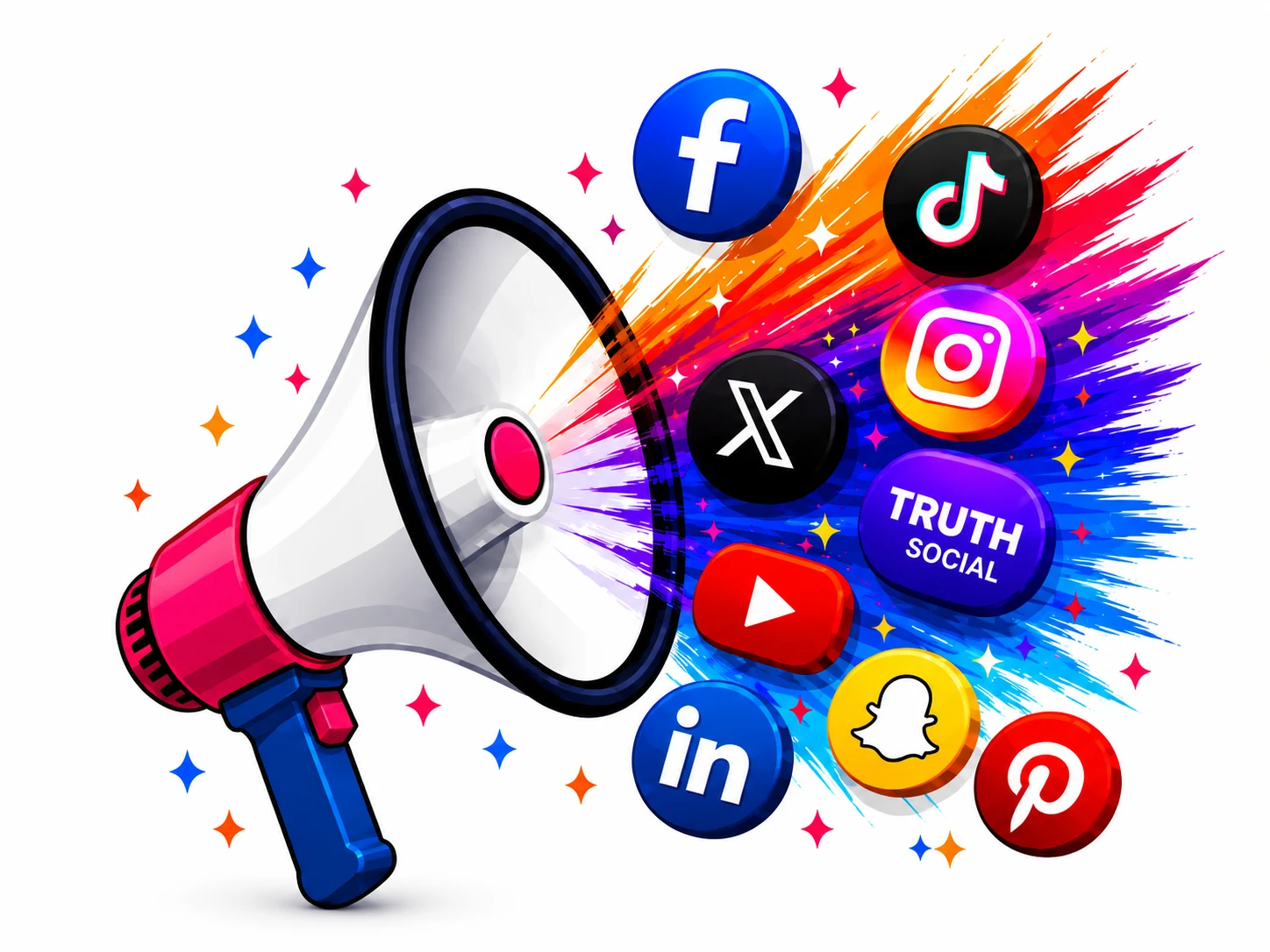 Megaphone blasting social media platform icons across a colorful marketing burst